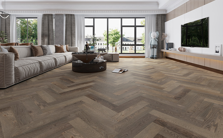 herringbone floor in living area